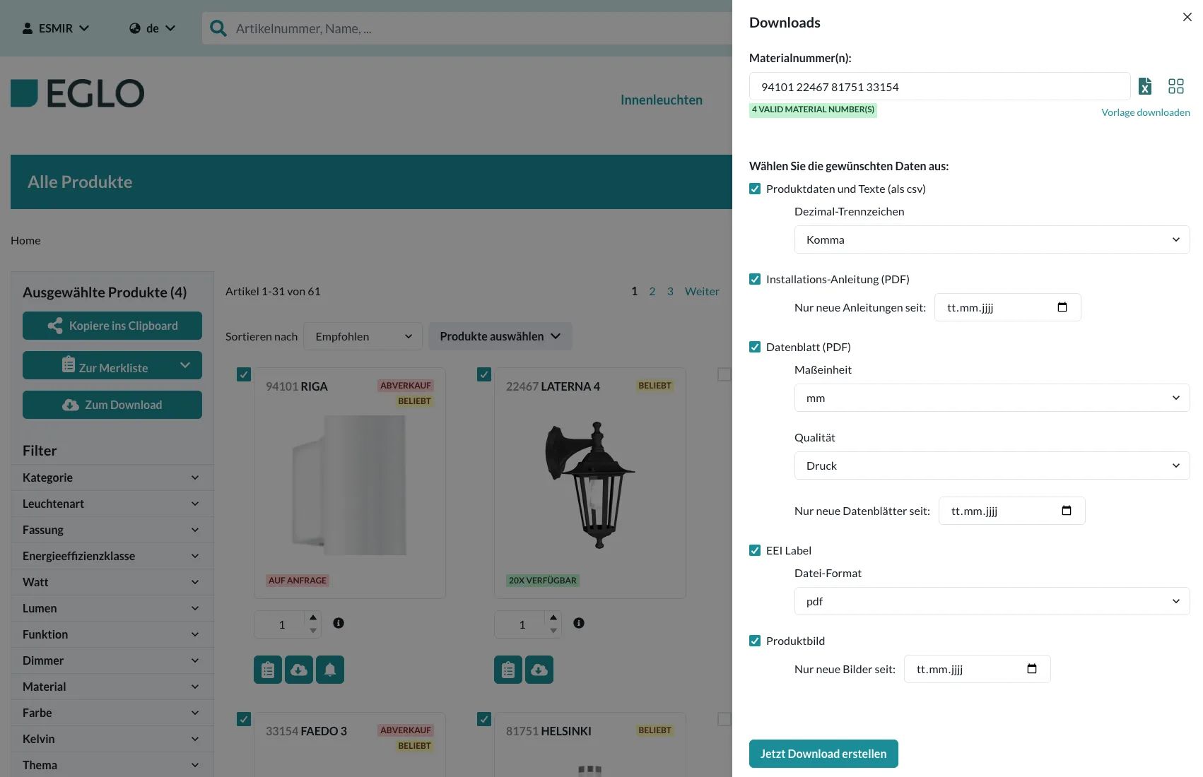 Abbildung 2: Downloadcenter der EGLO Plattform mit SKU-Eingabe und flexiblen Exportoptionen