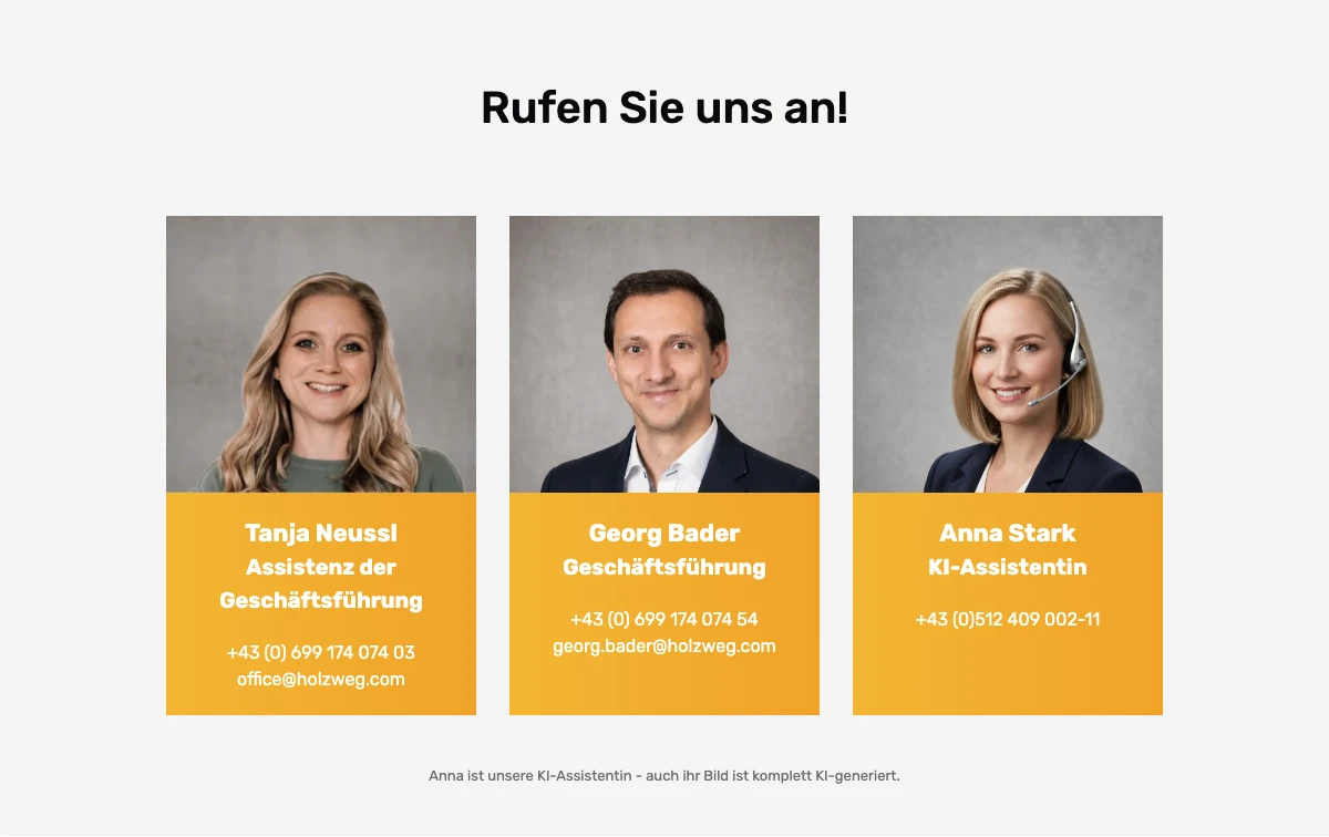 Kontaktsektion auf holzweg.com mit dem Hinweis: Anna ist unsere KI-Assistentin - auch ihr Bild ist komplett KI-generiert.