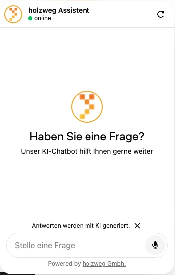 holzweg Chatbot-Widget mit KI-Kennzeichnung: Label 'KI Chatbot', Untertitel 'Unser KI-Chatbot hilft Ihnen gerne weiter' und Hinweis 'Antworten werden mit KI generiert.'