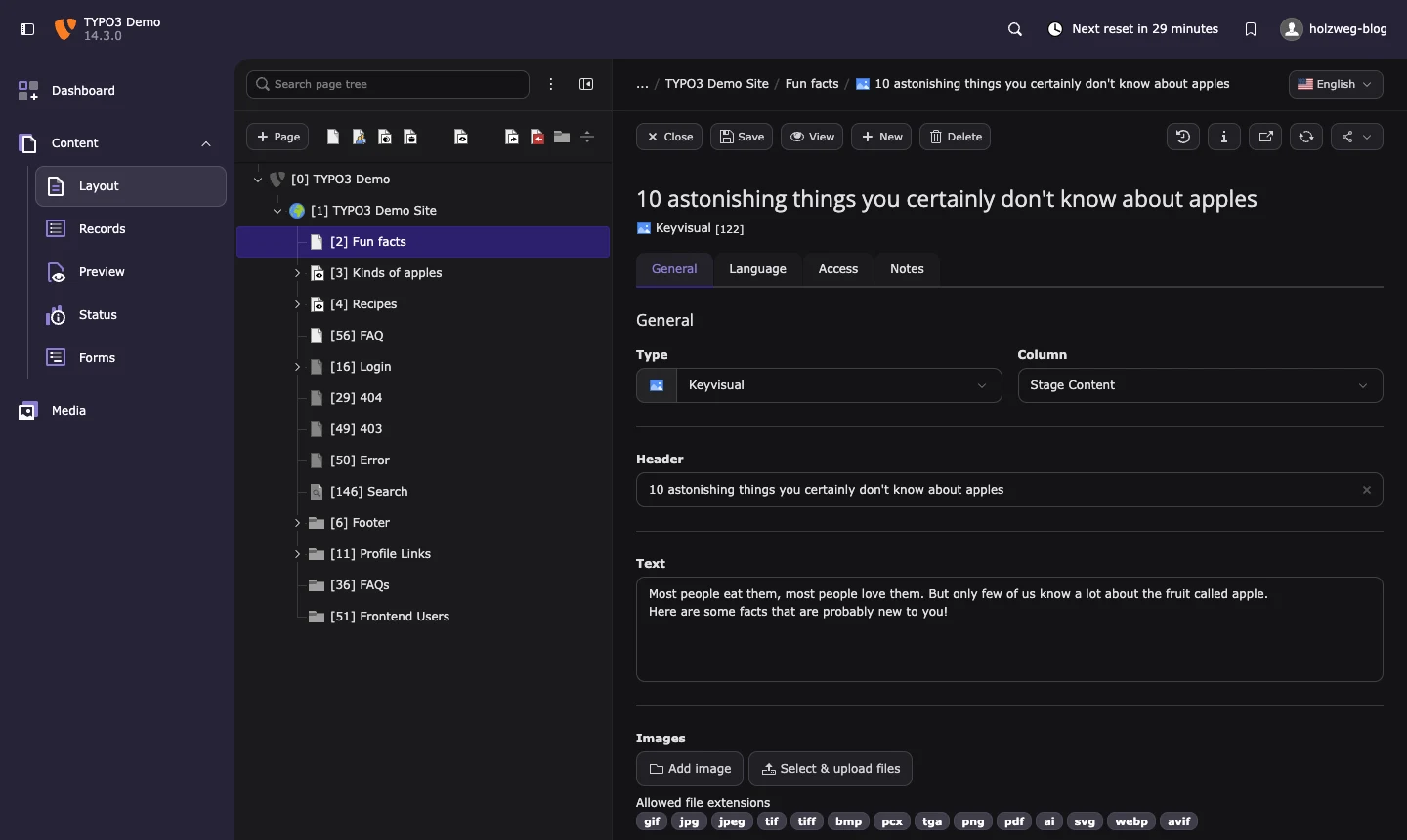 TYPO3 v14 Backend mit context-aware Editing: links die Module, in der Mitte der Seitenbaum mit Hierarchie, rechts das neue Side-Panel zur direkten Bearbeitung eines Inhaltselements ohne Modulwechsel